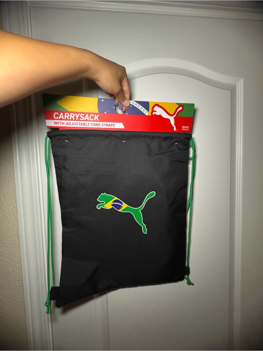 Puma Brazil Black Drawstring Carry Sack with Flag Logo green drawstrings